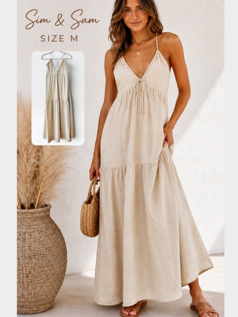 Sim & Sam Beige Linen Blend Boho Maxi Dress Crisscross Back Size Medium - Picture 1 of 13